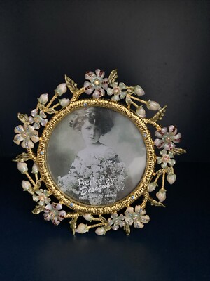 Berkeley Designs Round Picture Frame Enamel Blue Gold Flower 4.5 X4.5 