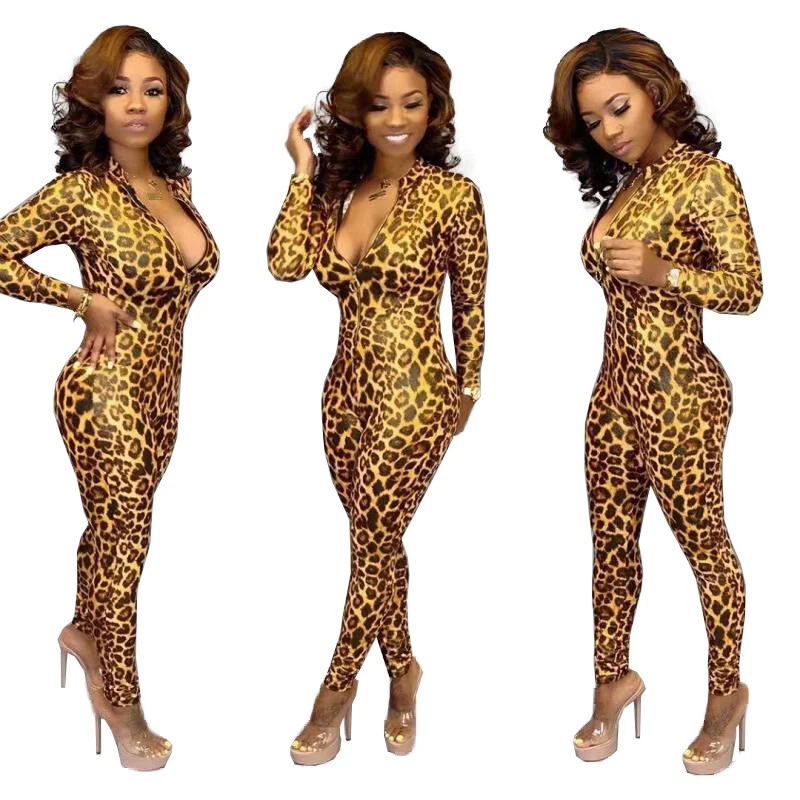 Women's Stylish Long Sleeves Leopard Print Zipper Bodycon Long Jumpsuit Club Foto 4 de 4