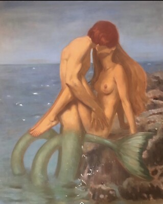 Großes Ölgemälde Triton & Nereid Griechische Mythologie Meerjungfrau Meer Nymphe Maritim  
