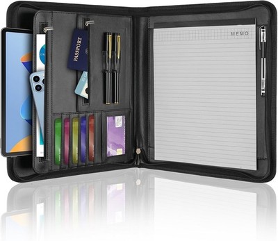 Black Leather Business Portfolio with Zipper Padfolio - 13 Inch Tablet Sleeve