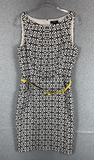 Chaps Dress Womens 12 Black White Floral Geometric Sheath Sleeveless Yellow Belt