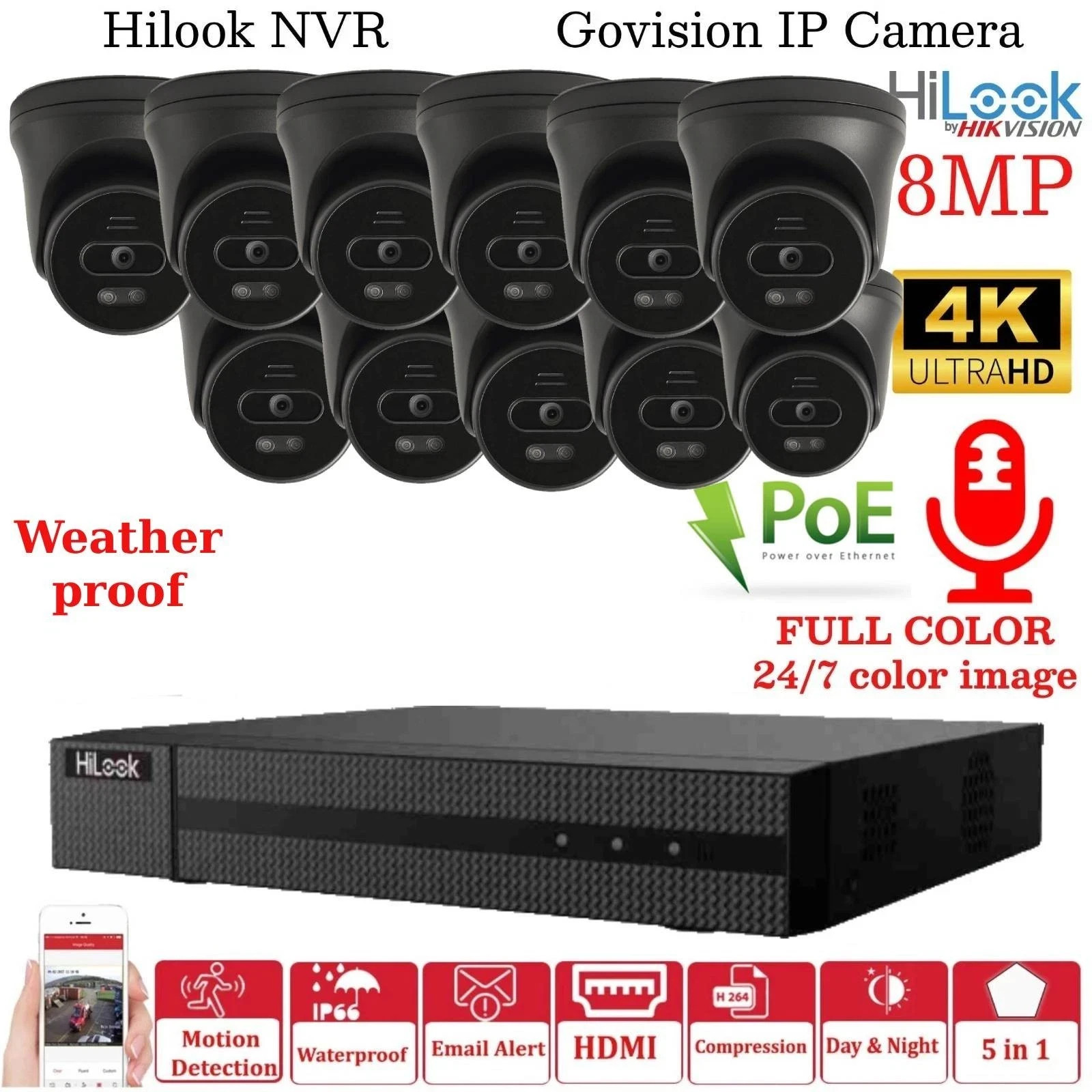 HIKVISION CCTV 8MP 4K NVR COLORVU IP POE OUTDOOR  AUDIO POE CAMERA SYSTEM KIT UK