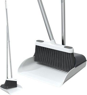 Stand Up Dustpan and Broom Set 50  Long Handle Broom with Dust Pan, 20° Angled