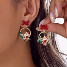 Christmas Santa Hoop Earrings Women Red Bow Holly Dangle Holiday Jewelry