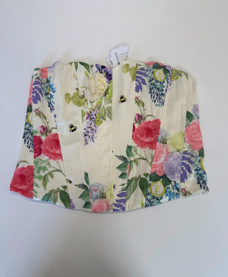 Primark Bridgerton Korsett Top Größe Small UK 10-12 elfenbeinfarben Blumenmuster Satin vorne geschlossen