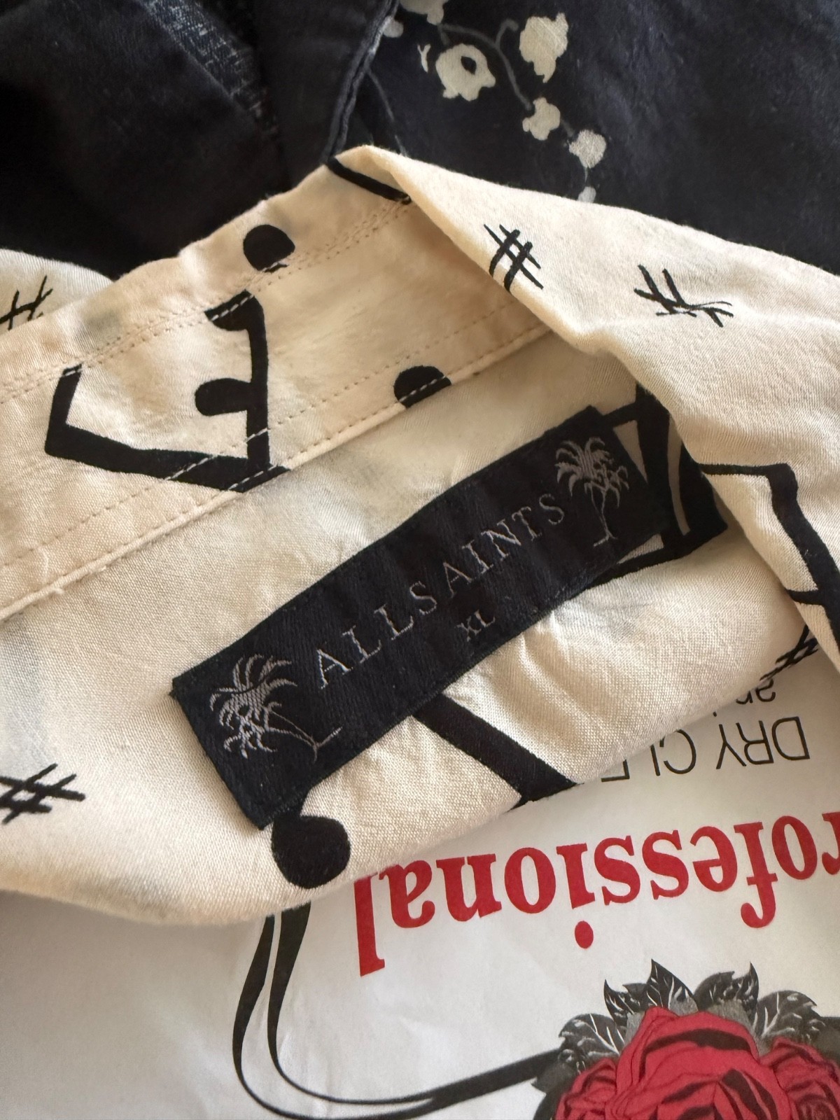 AllSaints Music Notes Long Sleeve Button-Down Vintage Style XL Cream Rare image 4