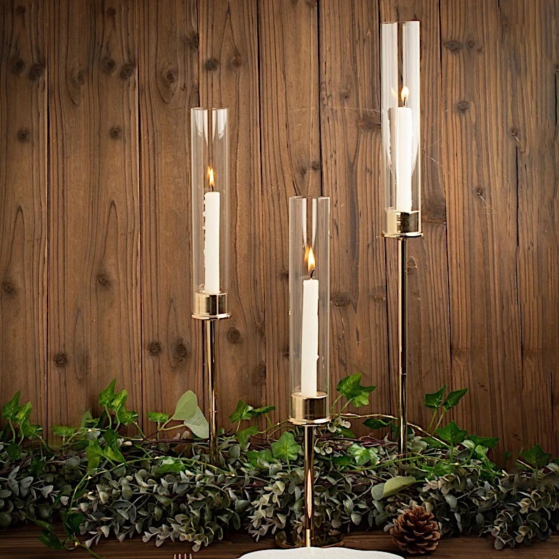 SOPORTES VELAS ORO 3 Metal 16" 20" 24" Hurricane Cónico Vidrio Cilindro Transparente Foto 3 de 4
