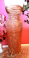 WOMEN STRAPLESS SPARKLY GOLD SEQUIN SATIN SLEEVELESS EVENING DRESS ( ONE SIZE )