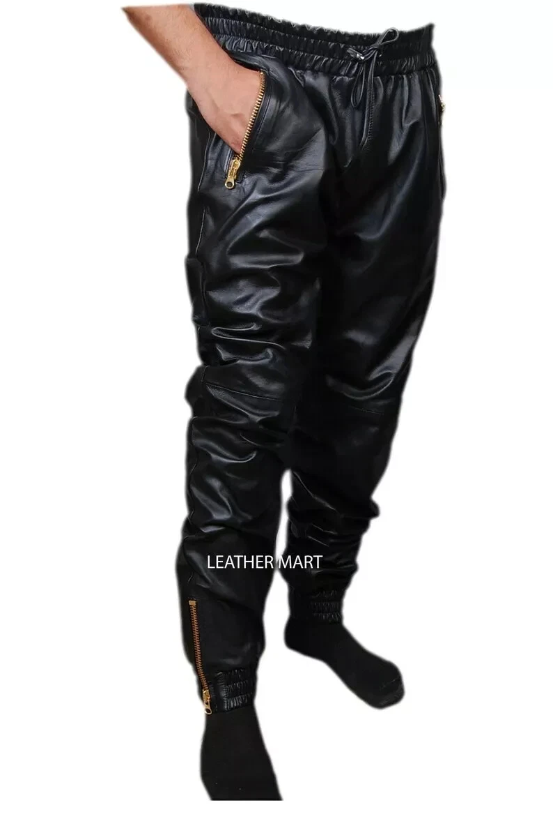 CLASSIC Men's Black Leather Joggers Pant Pure Sheepskin Causal Moto Biker Pant