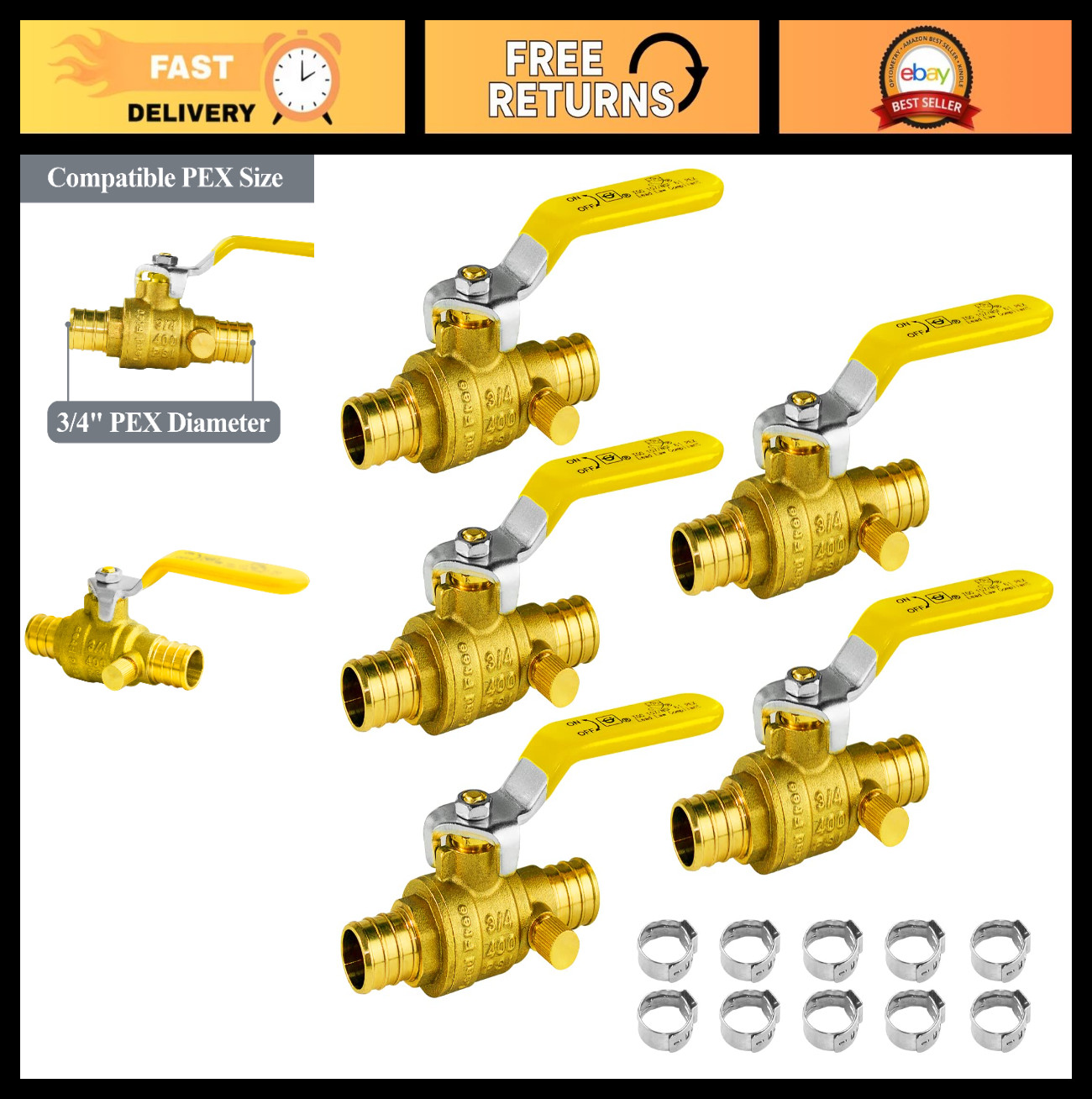 3/4" PEX Shut Off Ball Valve with Drain - Brass Plumbing Fitting, Full Port (5 P