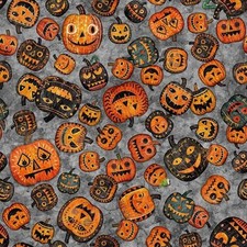 Halloween Fabric  Creepin' It Real Pumpkin Toss Orange Gray  QT YARD