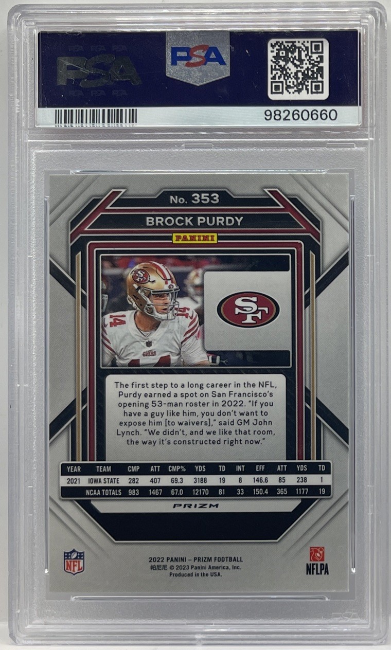 2022 Panini Prizm - Rookies Brock Purdy #353 Light Blue Prizm (RC) PSA MINT 9 SP view 2