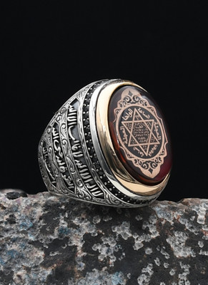 King Solomon Seal Silver Ring Amber Stone Handmade Men's 925 Sterling Silver