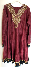 Beautiful Women's Burgundy Indian Kurta Gold Embroidery Beading Hem Details