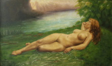 BAUMANN Charles (1883-1958) Naïade au bord d’une rivière. Grande Huile Sur toile