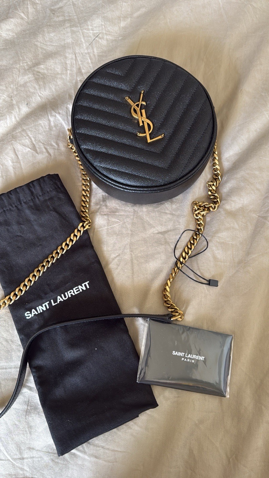 NUOVO** Borsa Saint Laurent Vinile Rotonda Trapuntata Grain de Poudre Tracolla Nera