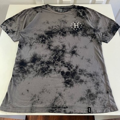 HUF Tie Dye T-Shirt Men's Medium Gray Black Roses Stars Graphic Tee