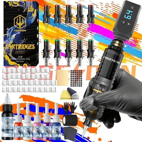 POSEIDON Wireless Tattoo Machine Kit Rotary Pen 1200mAh Battery Digital LCD - product listing photo