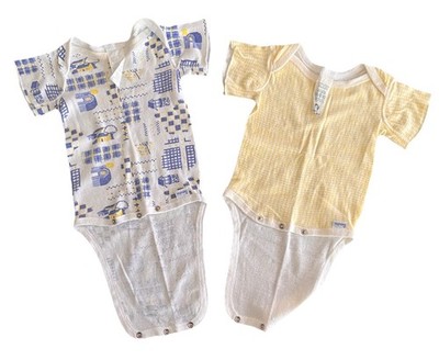 2 Vintage 90 s Gerber Onesies. Blue And Yellow Farm And Plaid Theme