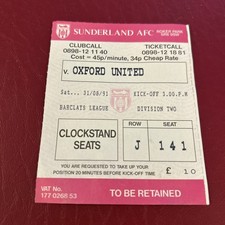 Ticket Stub Sunderland  V Oxford 1991/92