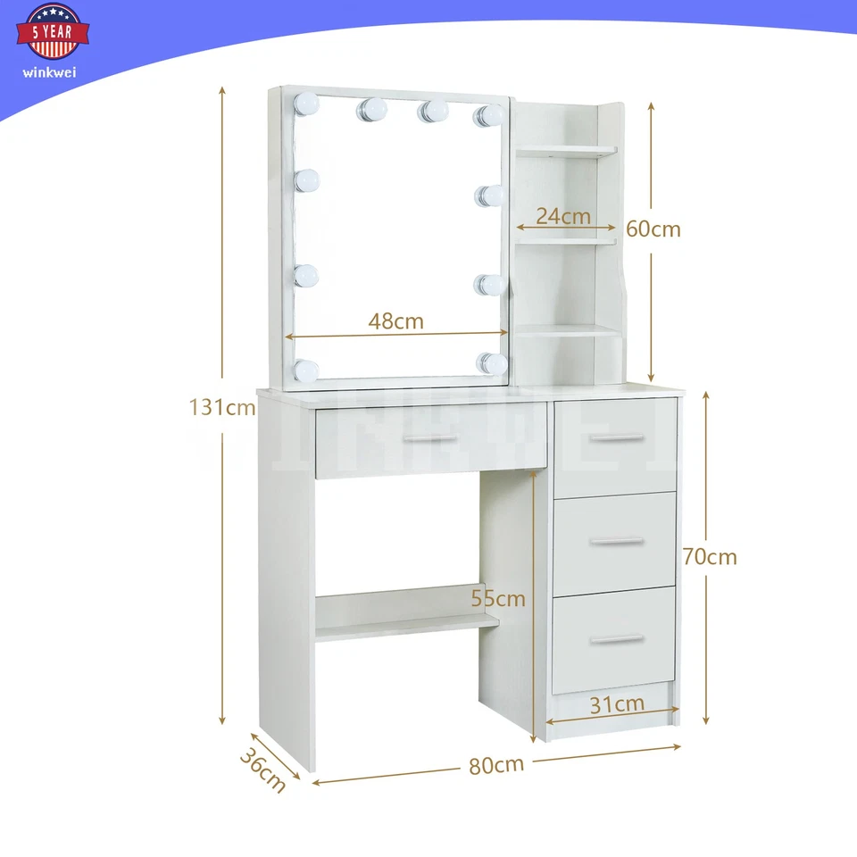 Juego de tocador pequeño de escritorio con espejo deslizante 7 estantes tocador de maquillaje de madera Foto 4 de 4