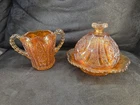 Vintage Marigold Carnival Glass Whirling Star Butter Dish & Sugar Bowl Set AS IS