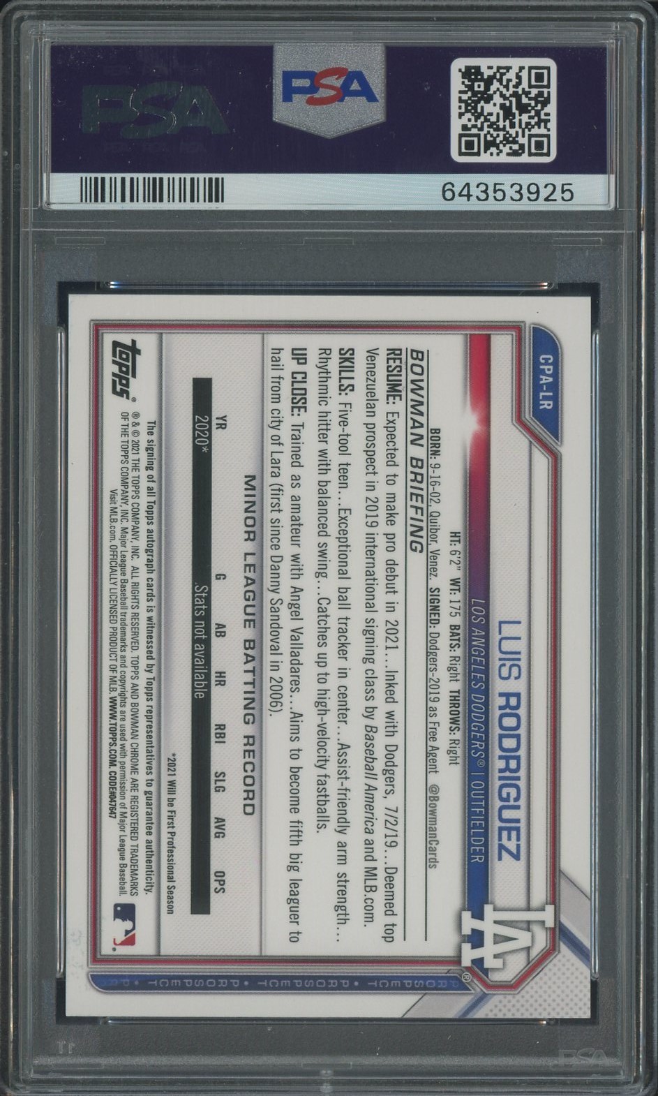 2021 Bowman Chrome Prospect Luis Rodriguez Dodgers RC Rookie AUTO PSA 10 view 2
