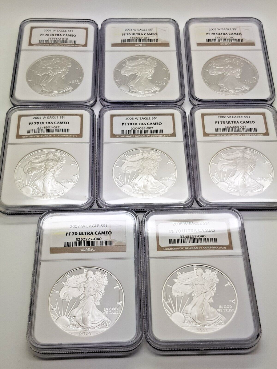 Lot of 8 / 2001-2008- W American Eagle Silver Dollar Proof NGC