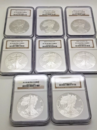 Lot of 8 / 2001-2008- W American Eagle Silver Dollar Proof NGC PF70