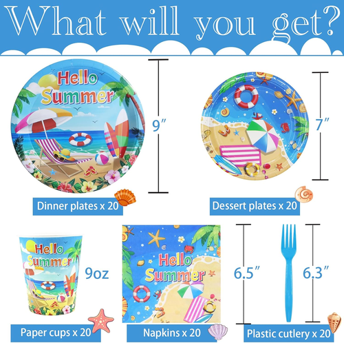 Beach Party Supplies Serves 20, Beach Birthday Party Decorations, Beach Theme Pl - Picture 3 of 6
