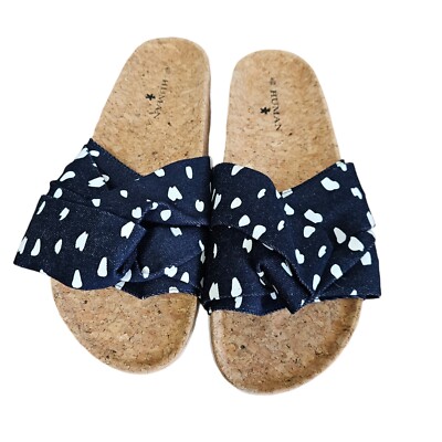 Human Shoes Slides Size 39 AU 8 Polka Dots Bow Unworn Cork Navy White Summery