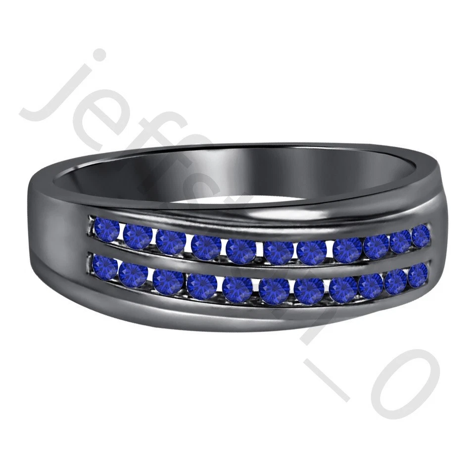 Anillo para hombre de oro negro de 14 quilates con zafiro azul creado en laboratorio de 0,90 quilates con banda de dos filas Foto 2 de 4