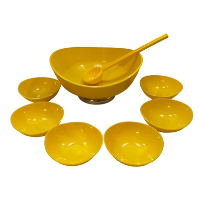 Vintage Salad Set Large Yellow Salad Mix Bowl W/6 Bowls Server