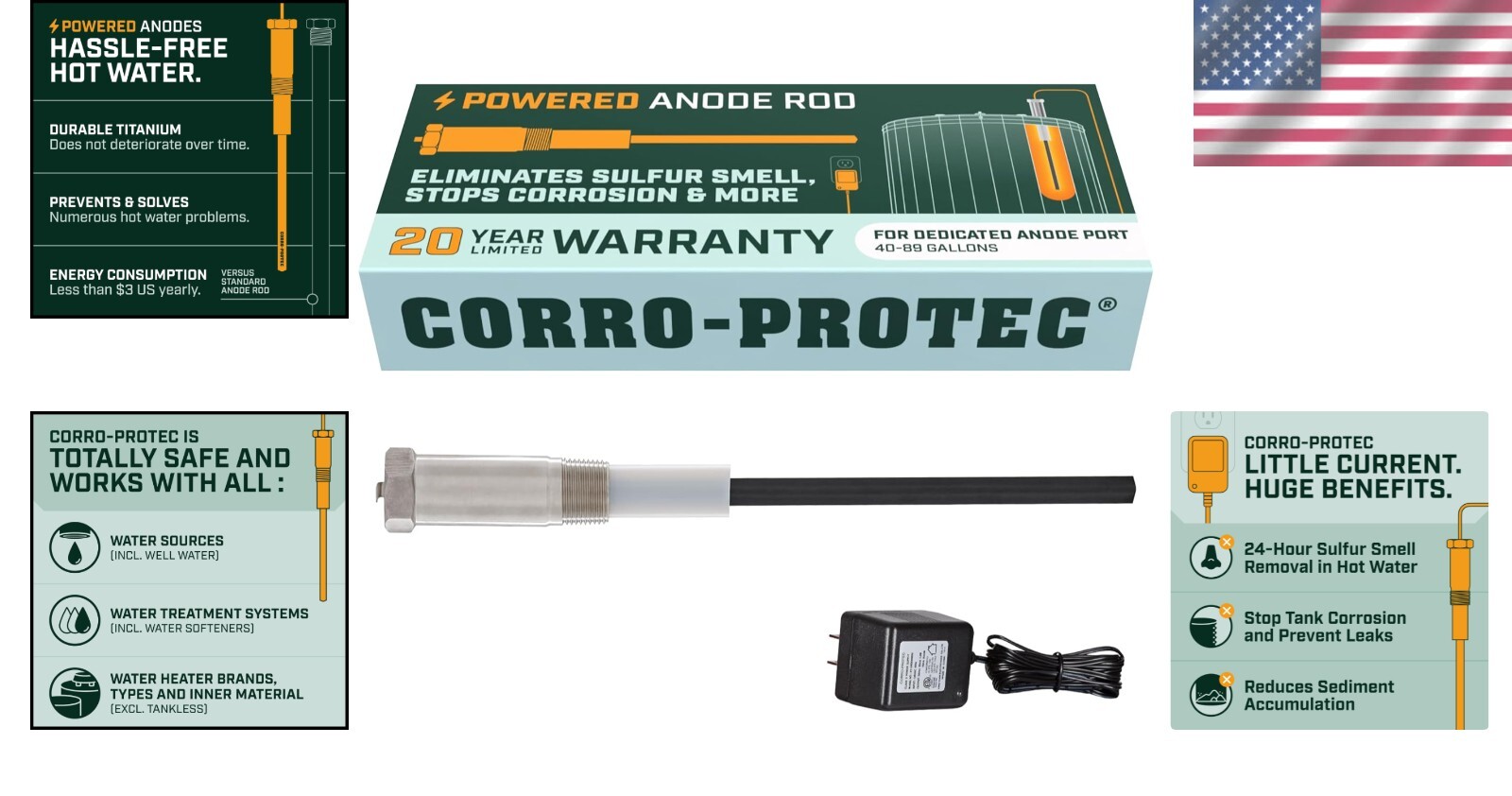 20-Year Powered Anode Rod for Water Heaters - Odor Elimination & Corrosion Proof