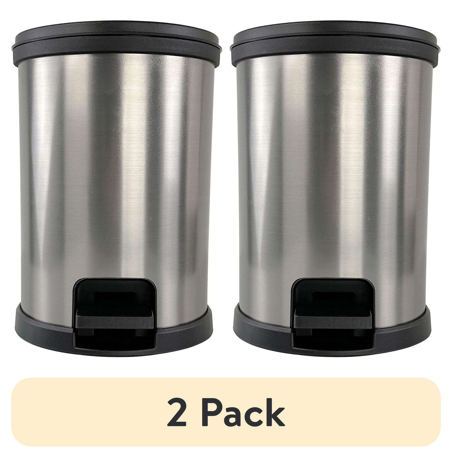 (2 pack) Mainstays 1.5 Gallon Trash Can,  Round Step Bathroom Trash Can, Silver