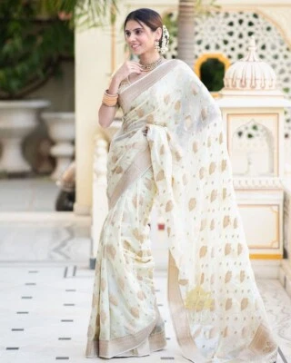 FASTNFREE COLLECTION Cotton silk saree ethnic wear indian wedding formal cream colour women sari