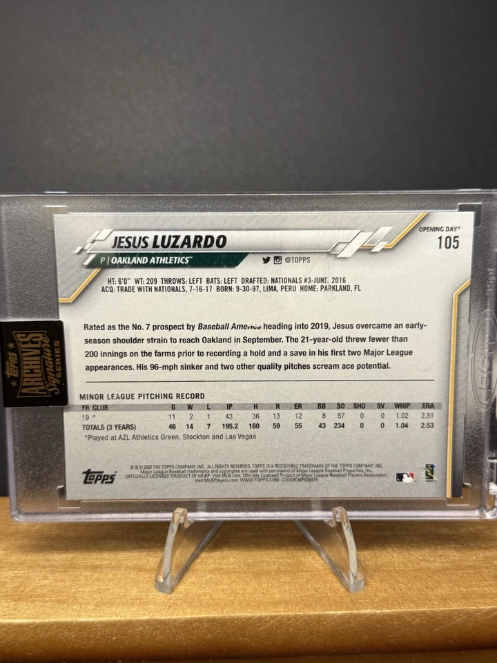 2020 Topps Archive Signature Series Jesus Luzardo Blue Foil Rookie Auto 1/1 - Image 2 of 2