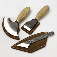Leather Knife Set   Hand-Forged 3-Piece Tool Kit, Steel Blades, Ash Handles.