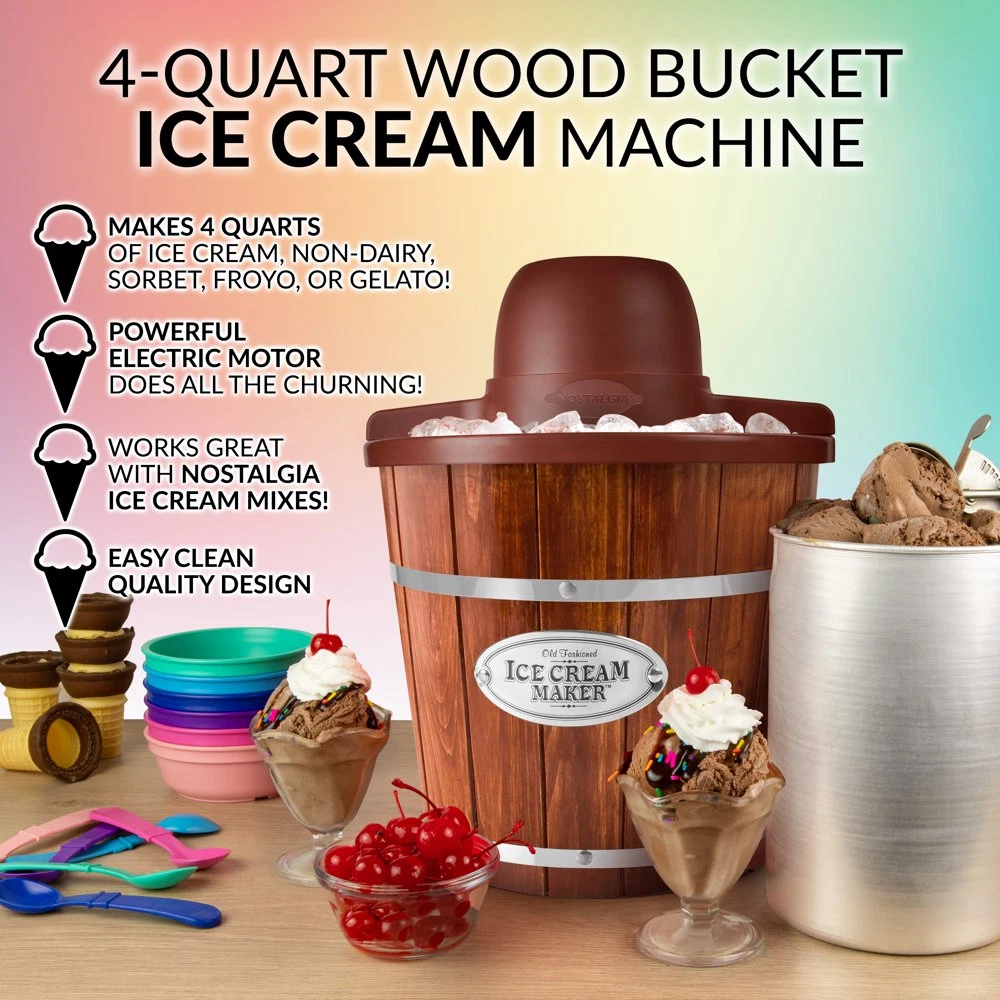 Nostalgia 6 qt Ice Cream Maker with Wood Bucket, Brown