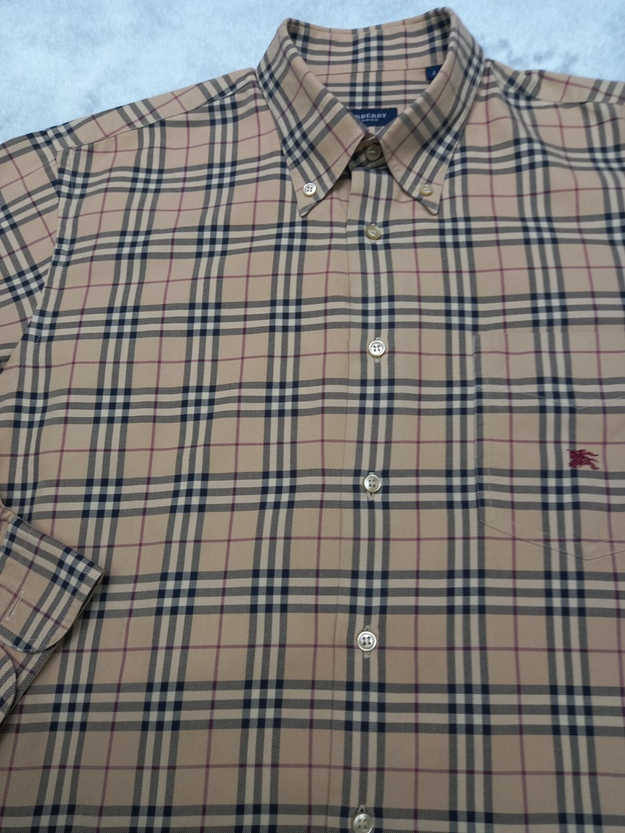 BURBERRY LONDON Beige Shirt Logo NOVA Check 100% Cotton LONG