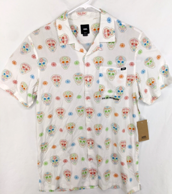 Dia De Los Muertos Skulls & Guitar Men's Button Down Shirt - Short Sleeve Casual Shirt Multi XL