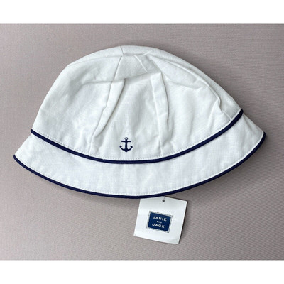 NWT JANIE & JACK Boys 6-9-12 Mo White Linen Blend Nautical Anchor Hat