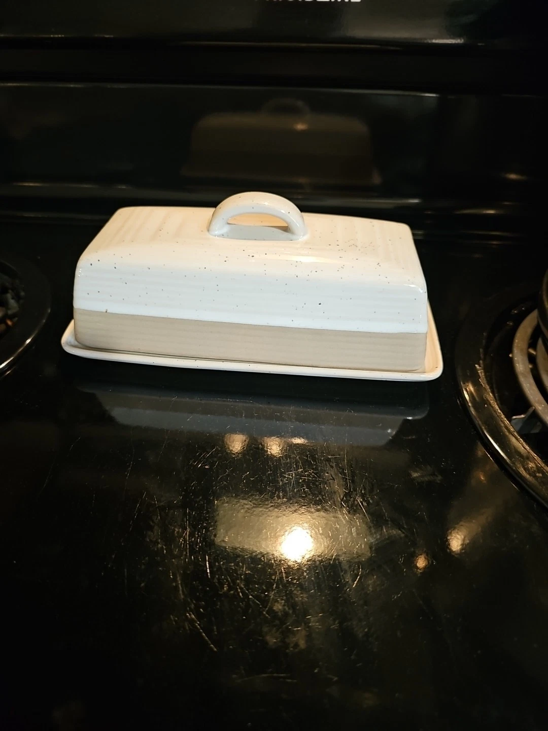 Better Homes And Garden Cream And Tan Textured Stoneware Butter Dish With Lid