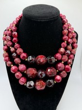 Vintage Cranberry Wine Red Acrylic Bead Necklace Triple Strand Graduated 17  