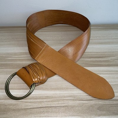 Monserat De Lucca Women's Small 2.5'' Wide Leather Double Ring Belt Camel Brass