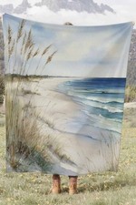 Coastal Beach Watercolor Coral Fleece Cozy Throw Blanket Modern Elegant
