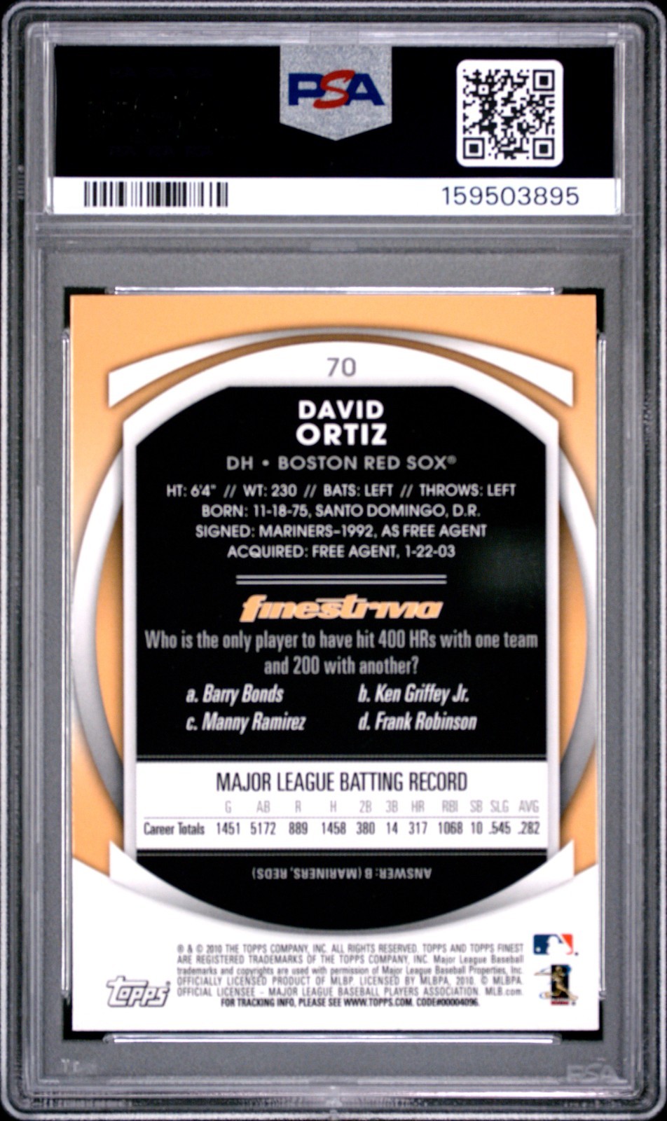 David Ortiz - 2010 Topps Finest Baseball Card #70 – Red Sox (POP: 1) - PSA 10 view 2