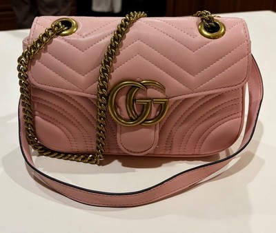 Gucci GG Marmont Mini Matelassé Shoulder Bag Pink Leather Heart Back Crossbody