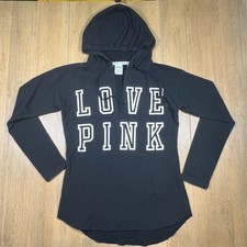 Victoria's Secret PINK Black Love Pink Graphic V-Neck Hoodie Sweatshirt Small