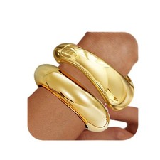2Pcs Chunky Gold Bangle Bracelets for Women Dainty 14k Gold Plated Big Stackable